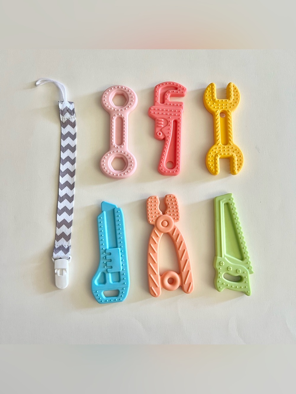 Bundle of 6 + clip tool shaped baby teethers